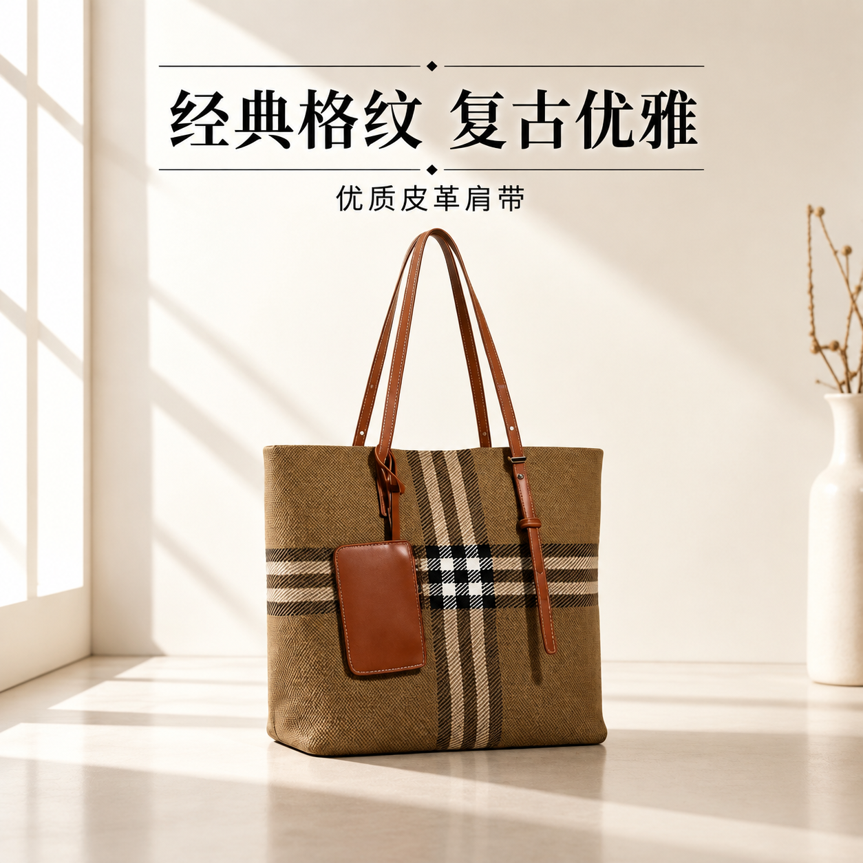 Real sample reference of a plaid canvas tote bag